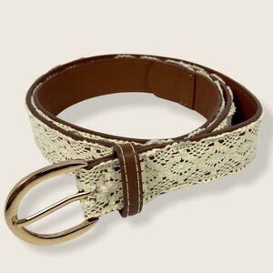 Ardene Bohemian Faux Leather Crochet‎ Lace Belt Brown Size Medium Boho White